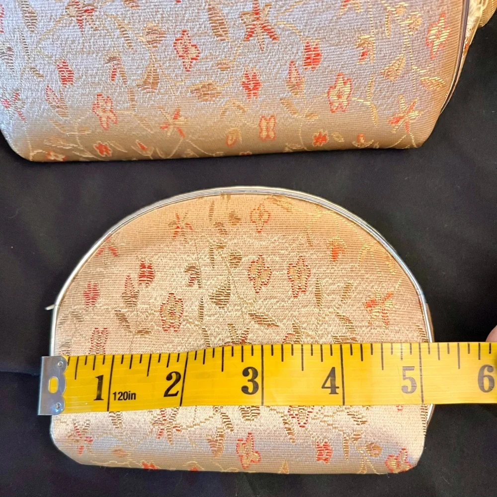 New VTG Silk Brocade Floral Cosmetic Bag Set 5 Nesting Makeup Travel Pouch Gold